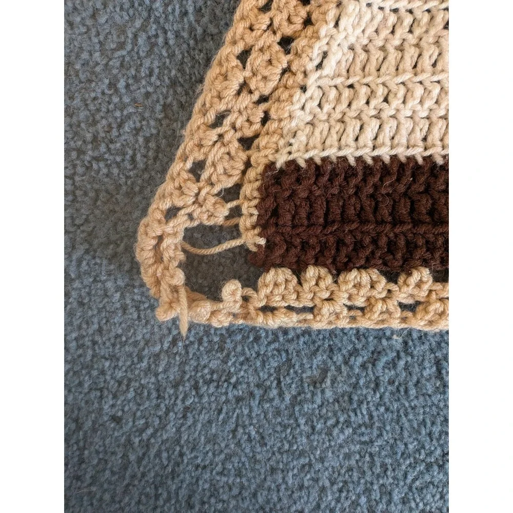 Vintage Handmade Crochet Afghan Throw Blanket 63x53 Tan Cream Brown Striped Farm